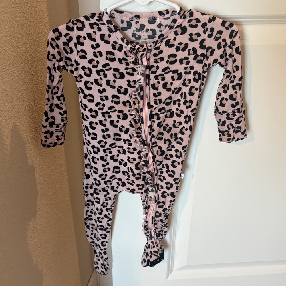 Posh Peanut Pink and Black Leopard Ruffle Bottom Footed One-Piece Pajamas